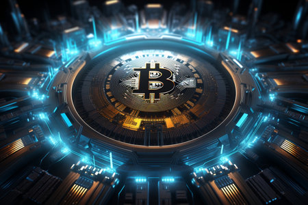 Cryptocurrency Concept Featuring Bitcoin on a Digital Graphic Background. AIの素材