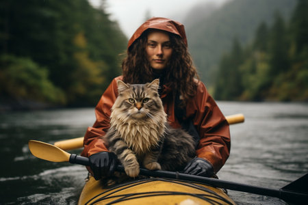 Kayaking Adventure: Woman and Her Feline Companion. AIの素材