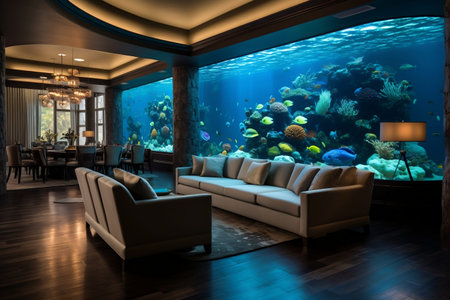 Spacious Room Featuring an Extra-Large Fish Tank. AIの素材