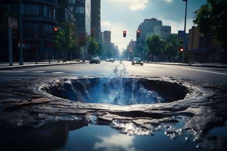 Urban Water Fountain Bursts Through Asphalt Street: A City's Main Water Supply Breakthrough. AIの素材