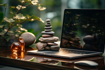 Tranquil Zen Stones Alongside Office Laptop on Desk. AIの素材