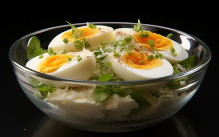 Perfectly Half-Boiled Eggs Served in a Bowl.の素材