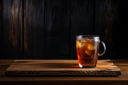 Coffee Duo: Glass and Cup of Coffee on Wooden Table.の素材