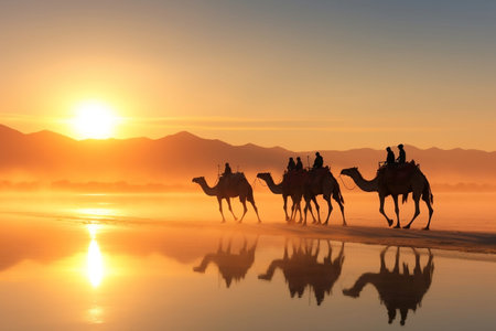 Silhouette of Drover Leading a Caravan of Camels on the Trail.の素材