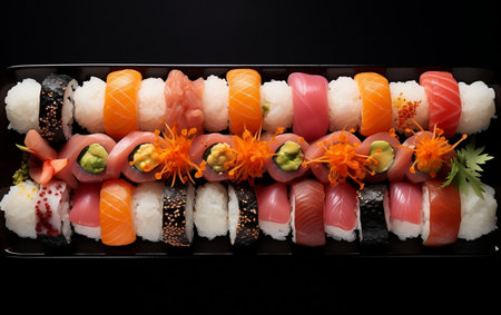 Elevated Elegance: Top View of Sushi Delicacies.の素材
