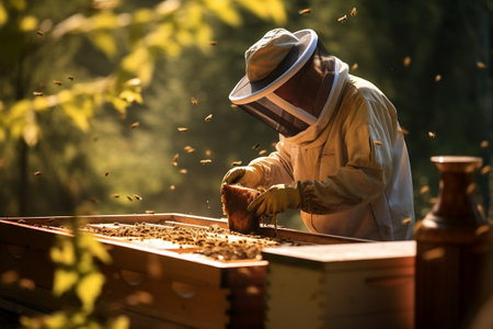 Buzzing Harmony: Beekeeper Tending Bees in Apiary.の素材