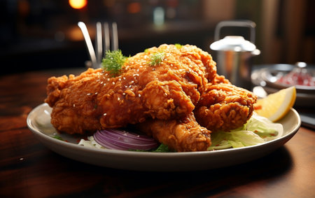 Culinary Artistry: Close-Up Photography of Golden Crispy Chicken.の素材