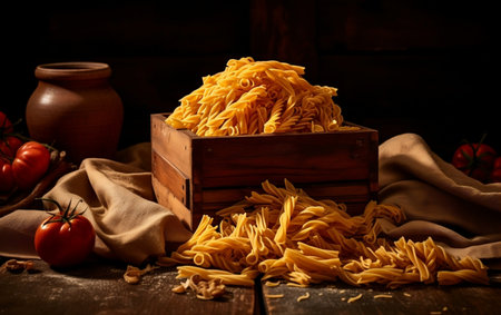 Italian Cuisine Showcase: Pasta and Wooden Container.の素材
