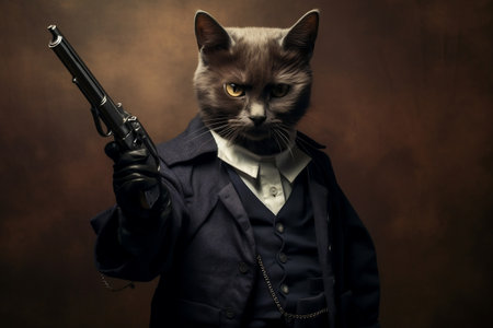 Whiskered Spy: A Gray Cat in a Spy Suit with Dual Pistols.の素材