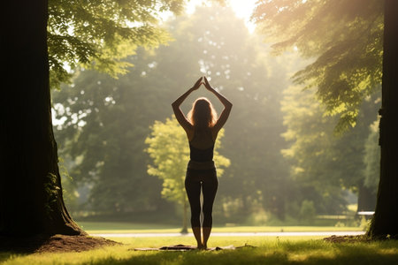 Zen in Nature: A Woman Practicing Yoga in a Park.の素材