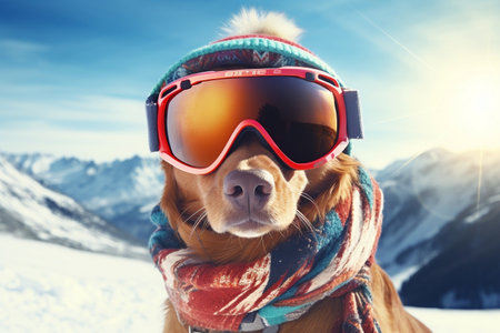 Skiing Shenanigans: Funny Dog in a Ski Mask at the Resort.の素材