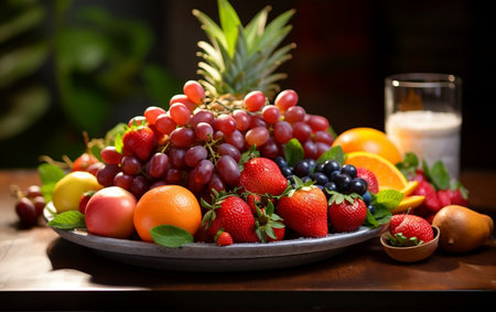 Colorful Fruit Platter on Table: Close-Up Shot.の素材