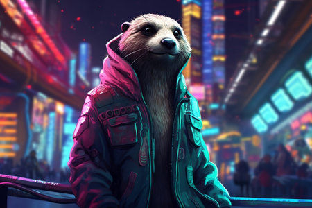 Cyberpunk Otter in Neon City - Nighttime Adventure.の素材