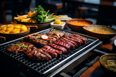 Communal Dining at Korean BBQ - Flavorful Meat Experience.の素材