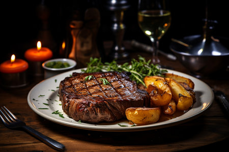 Beef Steak and Glass in a Restaurant.の素材