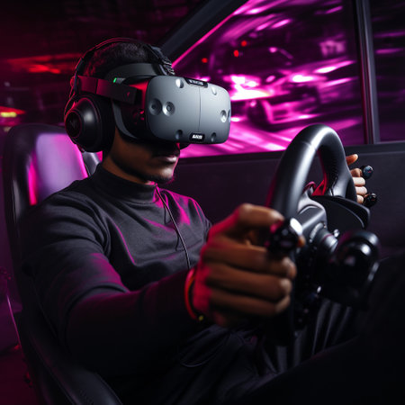 A Gamer with Headset Takes on Car Racing.の素材