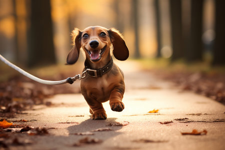 Pure Canine Bliss: Happy Dachshund on a Leashの素材