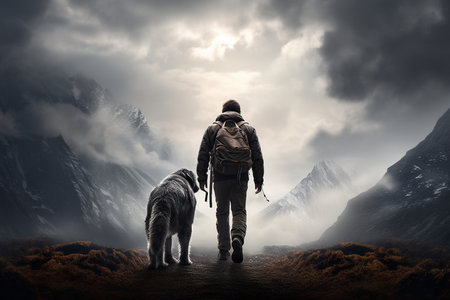 A Man and His Faithful Dog on a Scenic Walkの素材