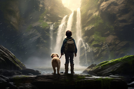 A Boy and His Faithful Dog by the Waterfallの素材