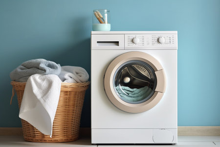 A Modern Washing Machine and Stylish Laundry Basketの素材