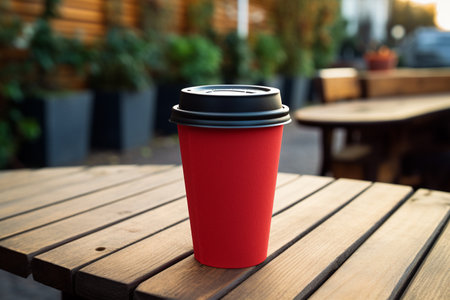A Red Paper Cup of Coffee on a Wooden Tableの素材