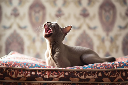 A Curious Burmese Cat by the Inviting Bedの素材