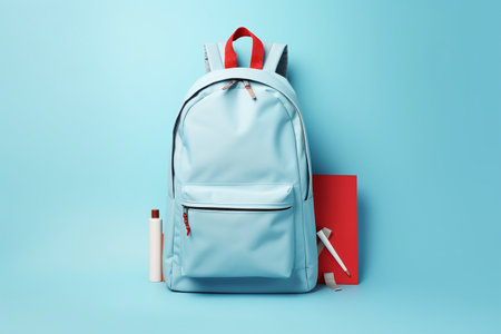 Backpack with School Supplies on Blue Backgroundの素材