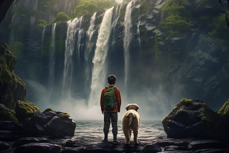 Boy Walking with Dog by a Waterfallの素材