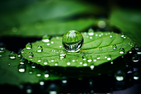 A Cluster of Water Droplets on a Green Leafの素材