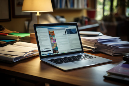 A Close-Up of Laptop with Files and Papers on Deskの素材