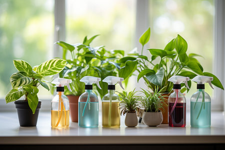 A Row of Houseplants Receiving Careful Wateringの素材