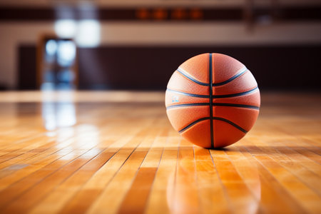A New Basketball Sits on a Polished Hardwood Floorの素材