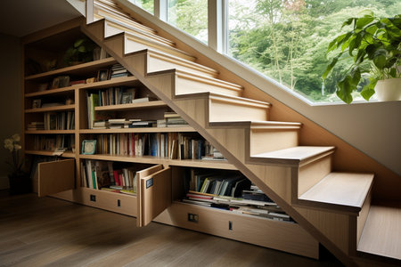 Pull-Out Drawers Under Stair Steps Filled with Booksの素材