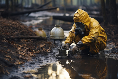 Worker in Coveralls and Mask Taking a Sampleの素材