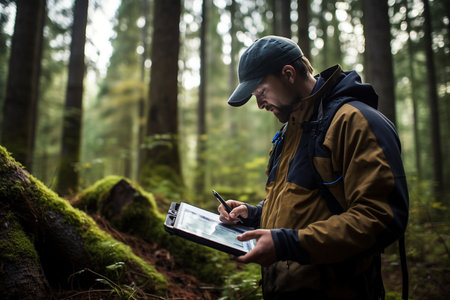 A Surveyor Using Topography Maps and Technology in the Forestの素材