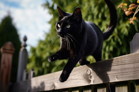 A Black Cat's Balancing Act on the Fenceの素材