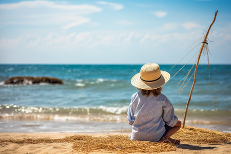 Boy with Straw Hat Enjoying Fishingの素材