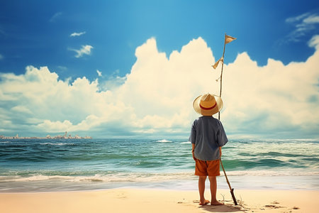 Boy with Straw Hat Enjoying Fishingの素材