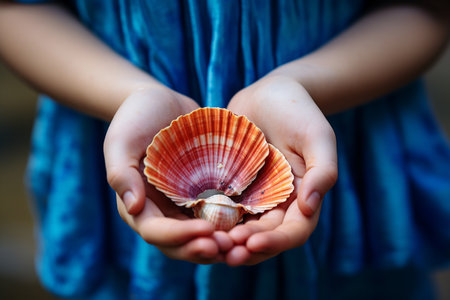 Close-up of a Little Girl's Hands Holding a Shellの素材