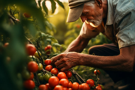 Male Farmer Handpicking Tomatoesの素材