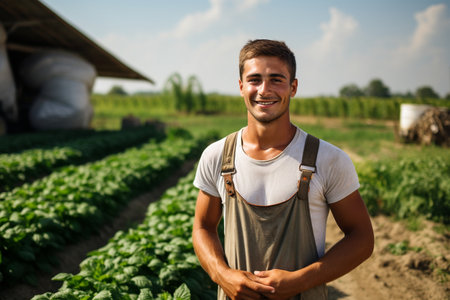 Radiant Young Farmer in Front of a Serene Farmの素材