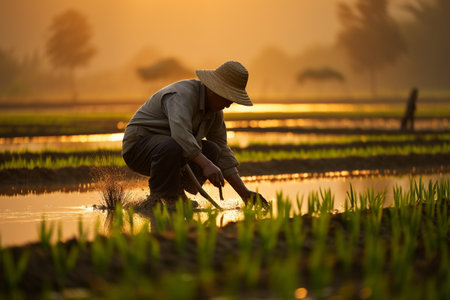 A Chinese Farmer Hard at Work in the Rice Plantationの素材
