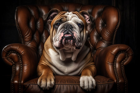 A Bull Dog's Serene Moment on a Vintage Leather Chairの素材