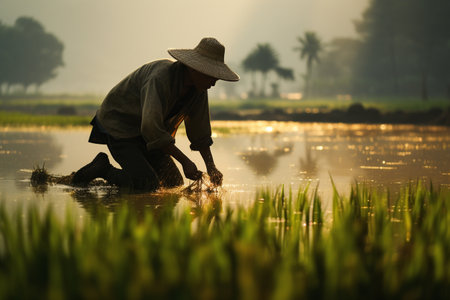 A Chinese Farmer Hard at Work in the Rice Plantationの素材