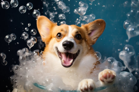 Corgi Dog Having Fun with Bubbles in the Parkの素材