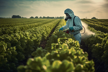 A Farmer in Protective Suit and Spray Mask Tending to Cropsの素材