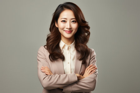 Asian Woman Portrait Smiling with Arms Crossed on Transparent Background. AIの素材