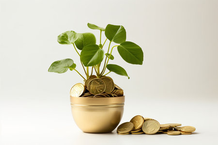 Gold Coins with a Plant atop, Isolated on a Transparent Background. AIの素材