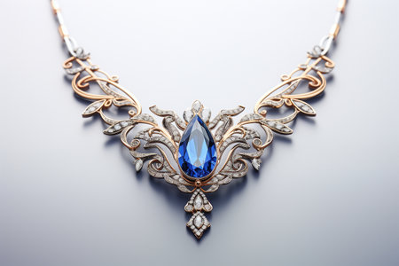 Golden Necklace with Blue Sapphire Gems and Diamonds Isolated on a Transparent Background. AIの素材
