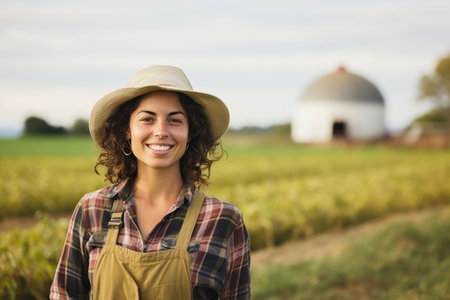 Radiant Young Farmer in Front of a Serene Farmの素材